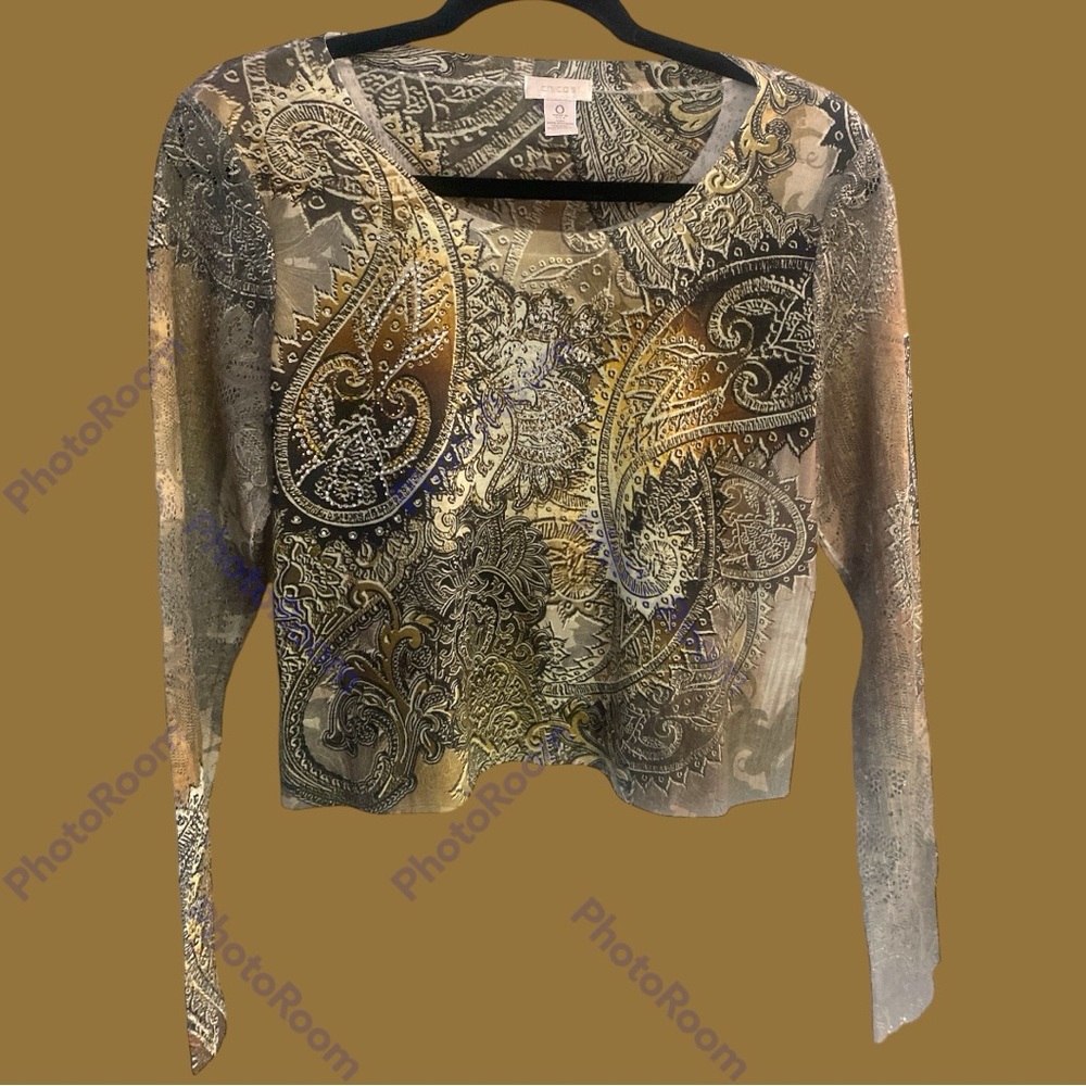 Chico's Womens  Crystal Top, lace sleeves, trendy tribal paisley print. Sz.0